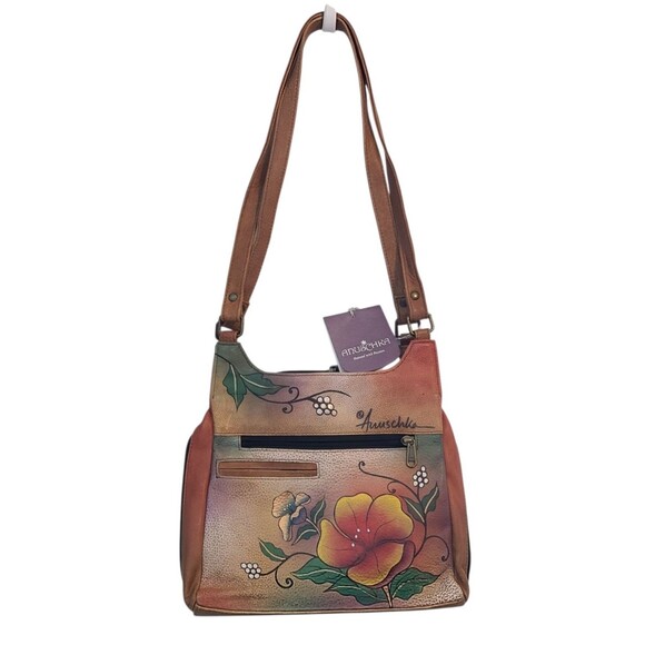 Anuschka Leather Handpainted Wild Flower Triple Compartment Satchel Shoulder Bag - Picture 1 of 16